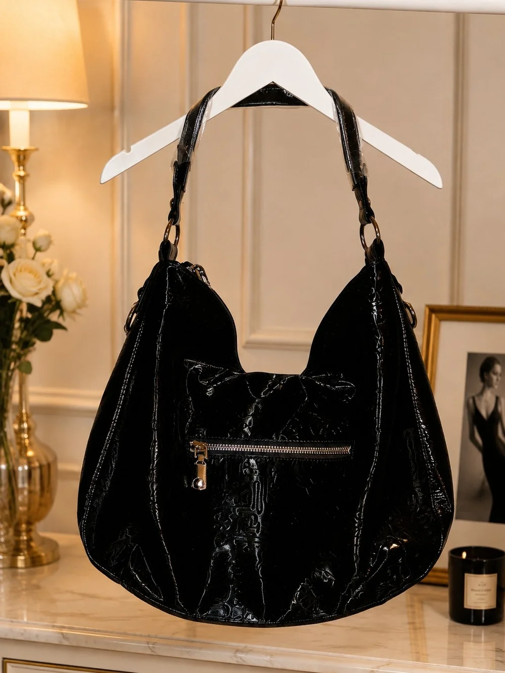 Brand New - Black Patent Shoulder Bag with Crystal Trim & Black Sequined Tumbler